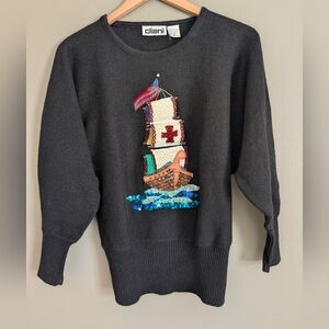 Vintage Diani Embroidered Sequin 3-D Pirate Ship Sweater Sz. Small